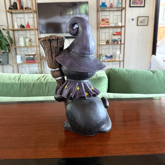 Cute Halloween Decor Smiling Black Cat in Wizard's Cape, Hat & Broom - Picture 2 of 6